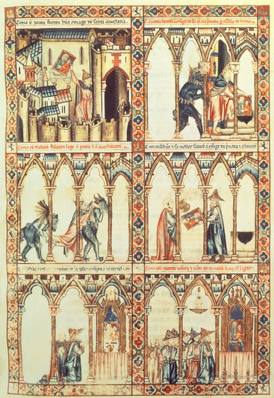 102-0002738 T.I.I. Cantiga 34, kuvitus "Cantigas de Santa Mariasta", tehty Alfonso X:n ("Viisas") Kastilian ja Leonin kuninkaan (1221-84) johdolla (vellum) (katso myös 68647) tekijältä Spanish School