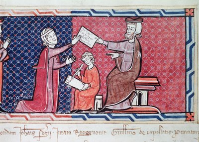 Nainen vannomassa valan Mallorcan kuningas Jaakob I:n (1207–1276) edessä, yksityiskohta tuomarista, naisesta ja kirjurista, Capbreu de Clayra et de Millasista, 1292 (yksityiskohta vuodelta 181839) tekijältä Spanish School