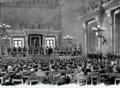 Katalonian nationalistien kokoontuminen kokoontui Manresan kaupungintaloon laatimaan 16 perustaa Katalonian alueellisen perustuslain palvelemiseksi vuonna 1892. Piirustus Jaume Pahissa. tekijältä Spanish School