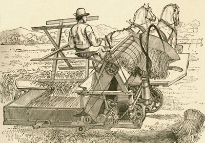 1800-luvun lopulla käytössä ollut sadonkorjuukone, jota vetivät hevoset ja joka sitoi maissin lyhteitä mekaanisesti. El Museo Popular -julkaisusta Madrid tekijältä Spanish School