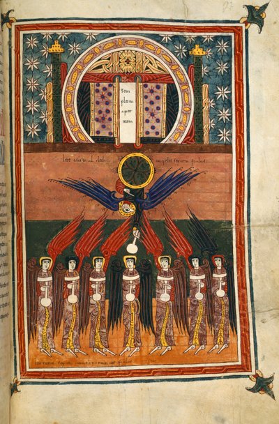 Lisätä. 11695, f.172 Seitsemän ruttoenkeliä, jotka kantavat pulloja, tulevat pyhäköstä. Siilojen apokalypsista tekijältä Spanish School
