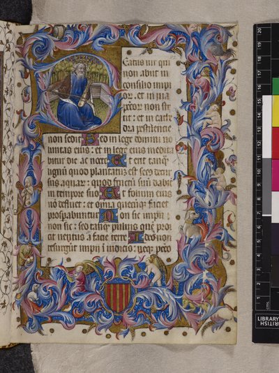 Lisää MS 28962 f.82r alkukirjain "B", joka kuvaa kuningas Daavidia, Psalmi I, kirjasta "Psalter and Hours, Dominican use" tai "Alphonso V of Aragonin rukouskirja", n. 1436-1443 (mustetta, väriä ja kultaa tarranauhalla) ) tekijältä Spanish School