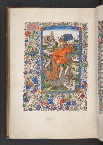 Lisää MS 50004 f.64v Saint Christopher, joka kantaa Kristus-lapsia, "Tuntien kirja" (mustetta, väriä ja kultaa perunakalvolla) tekijältä Spanish School