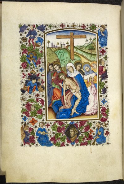 Lisää MS 50004 f.70v Neitsyt Maria pitelee Kristuksen ruumista, kaksi opetuslasta ja naista vieressään "Tuntikirjasta" (mustetta, väriä ja kultaa perunakalvolla) tekijältä Spanish School