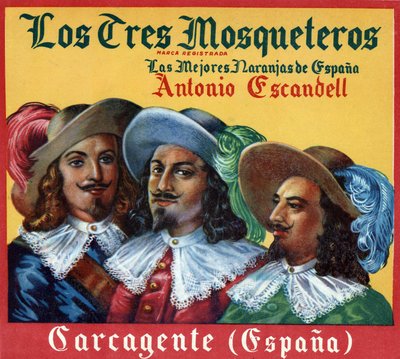 Mainoskuva "Kolme muskettisoturia, Espanjan parhaat appelsiinit"". Mainosjuliste tekijältä Spanish School