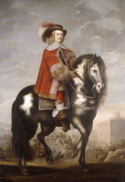 Kardinaali Infante Fernando de Borbonin, Espanjan Alankomaiden kuvernöörin ratsastusmuotokuva, täyspitkä punaisessa takkissa ja hattu, taistelu takana, n. 1685 tekijältä Spanish School