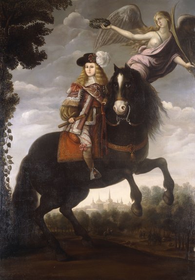 Kuningas Kaarle II:n ratsastusmuotokuva, täyspitkä punaisessa takissa, jossa on valkoinen koriste, jonka enkeli kruunasi laakerilla, Madrid kaukaisessa, n. 1685 tekijältä Spanish School