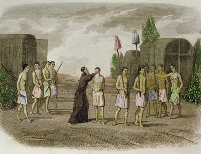 Jesuiittapappi kastaa Tupinamba-heimon alkuperäiskansan orjan lähellä Bahiaa vuonna 1550 tekijältä Spanish School