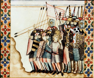 Armee des croises Yksityiskohta sivusta, joka on otettu Pyhän Marian laulun (Cantigas de Santa Maria) käsikirjoituksesta, koristelemalla Pyhälle Marialle ja hänen ihmeilleen omistettuja miniatyyrejä, kokoelma lauluja, jotka ovat redige Alfonso X viisaan ha tekijältä Spanish School