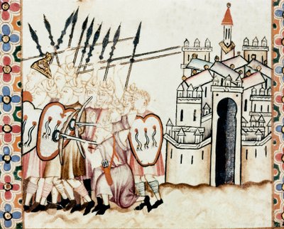 Maurien armee puolustamassa kaupunkia Yksityiskohta sivusta, joka on otettu Pyhän Marian laulun (Cantigas de Santa Maria) käsikirjoituksesta, koristaa Pyhälle Marialle ja hänen ihmeilleen omistettuja miniatyyrejä, Alfonso X w tekijältä Spanish School