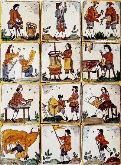 Käsityöammatit: suutari, cooper, pajukorin valmistaja, viininvalmistaja, piirustuslecon, muusikko, lehmänlypsy, teroittaja, maanviljelijä, ebenisti. Katalonian keraamiset laatat (Espanja) tekijältä Spanish School