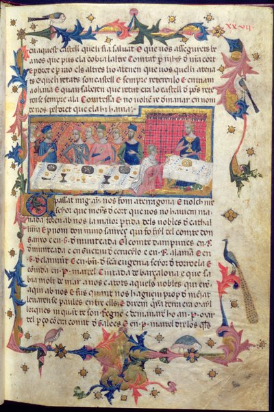 Isä Martell piti Jaakob I:lle (1208–1276) Tarragonassa vuonna 1228 Baleaarien valloittamisesta sovitun juhlan, kirjasta "Libre dels Feits" (vellum) (katso myös 113569) tekijältä Spanish School