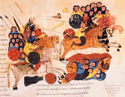 Taistelu heprealaisten ja filistealaisten välillä, visigootti-mozarabialainen Pyhän Isidores-Raamattu, fol.119r., A.D. 960 (tempera vellum) tekijältä Spanish School