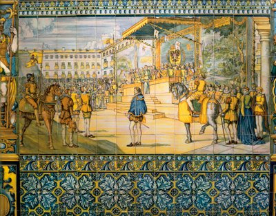 Juhlat Valladolidissa espanjalaisen Filip II:n kunniaksi toukokuussa 1559. Talaveran koulun laatat Pimentel-suvun palatsissa Valladolidissa. tekijältä Spanish School