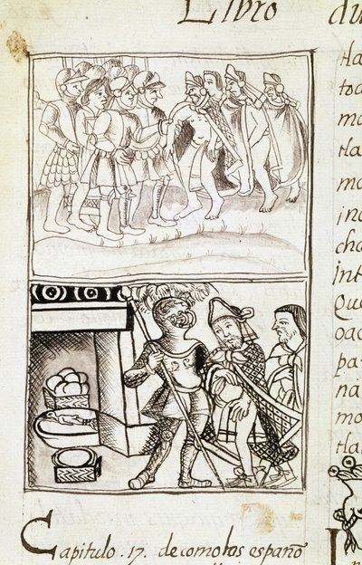 Meksikon valloitusta käsittelevä koodeksi - pienoiskuva Bernardino de Sahagunin firenzeläisestä käsikirjoituksesta "Storia degli Aztechi" (Atsteekkien historia). tekijältä Spanish School