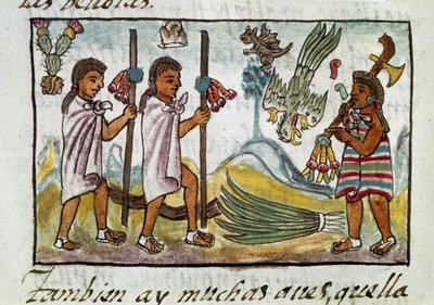 Meksikon valloitusta koskeva koodeksi: Tzinacantlaniin naamioituneet kauppiaat. Pienennös Bernardino de Sahagunin firenzeläisestä käsikirjoituksesta "Storia degli Aztechi" (Atsteekkien historia). tekijältä Spanish School