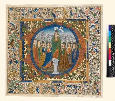 Kollaasi, jossa on historiallinen alkukirjain ja reunus kuoropsalttarista, n. 1482-1492 (pergamentti). tekijältä Spanish School