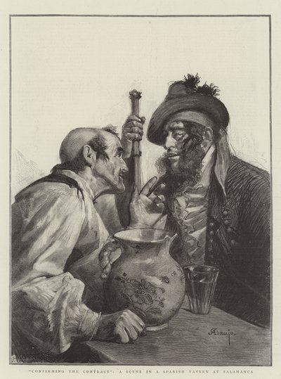"Confirming the Contract", kohtaus espanjalaisessa tavernassa Salamancassa (kaiverrus) tekijältä Spanish School