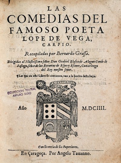 Kansi kuuluisan runoilijan Lope de Vegan komediasta, kirjoittanut Felix Lope de Vega Carpio (1562-1635), painos 1604 (painettu monografia) tekijältä Spanish School