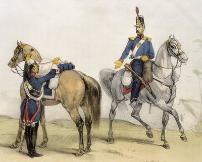 DE SOTTO, Serafin Maria, Clonardin jaarli (1793 - 1862). Historia organica de las armas de Infanteria y Caballeria espanolas. 1851 - 1859. Espanjan Ferdinand VII:n valtakauden ratsumiehet. Linjan ratsuväen ja kevyen ratsuväen sotilas (1824-1834). Engr tekijältä Spanish School