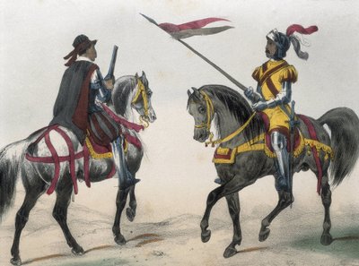 DE SOTTO, Serafin Maria, Clonardin jaarli (1793 - 1862). Historia organica de las armas de Infanteria y Caballeria espanolas. 1851 - 1859. Ratsumiehet Espanjan Filip II:n valtakaudella. "Heraldo de caballeria" (aseheraldikko) ja "hombre de armas" (mies). tekijältä Spanish School
