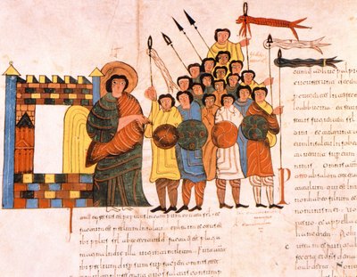 Kuningas Daavidin armeijan lähtö sotaan, Visigootti-Mozarabilainen Pyhän Isidores Raamattu, fol.131v., A.D. 960 (tempera on vellum) tekijältä Spanish School