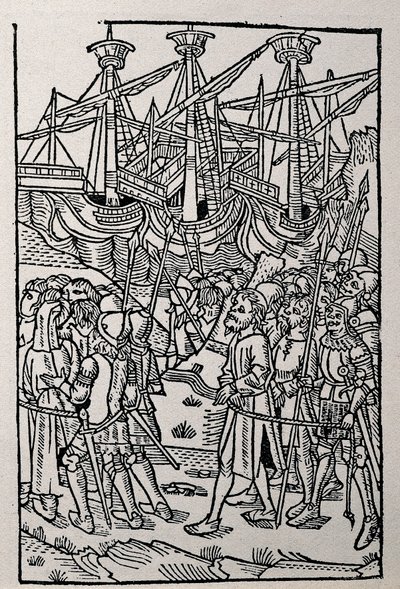 Kaiverrus Vespasianuksen historiassa, painettu vuonna 1495 Zaragozassa (mustavalkokuva) tekijältä Spanish School