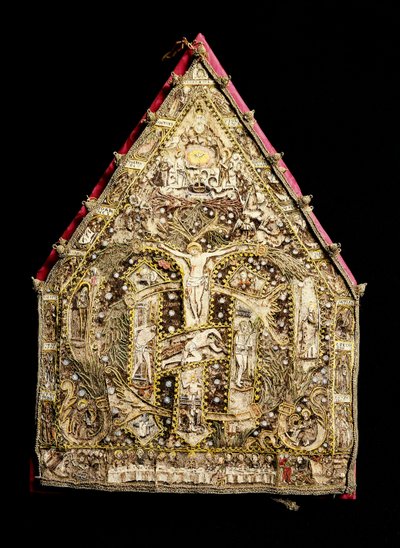 Eveque-jiiraus kultaista höyhenmosaiikkia, jonka ovat valmistaneet espanjalaiset lähetyssaarnaajat Meksikossa. 1500-luvun Firenze, Museo degli Argenti tekijältä Spanish School