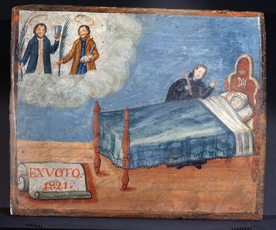 Ex Voto omistettu SS:lle. Cosmas ja Damian kiitollisina sairaan naisen paranemisesta, 1821 tekijältä Spanish School