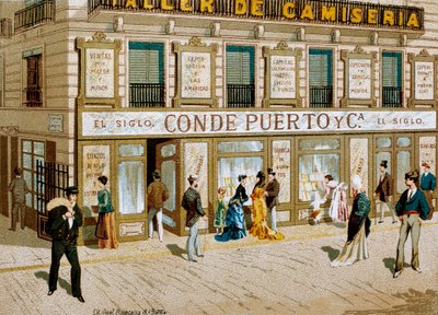 Muoti: mainosjuliste kangaskaupan "Conde Puerto" -putiikille Barcelona. 1800-luvulla tekijältä Spanish School