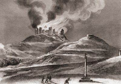 Tulipalo Montearagonin luostarissa, Quincena, Huesca, Espanja vuonna 1835 (litho) tekijältä Spanish School