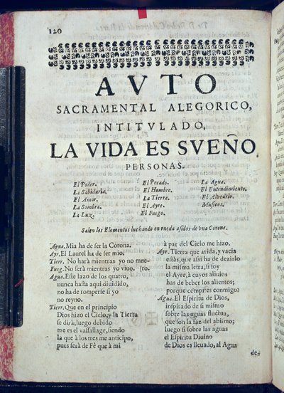 Pedro Calderon de la Barcan (1600-81) Los Autos Sacramentalesin La Vida es Suenon ensimmäinen sivu, toimittanut Juan Garcia Infanzon, 1690 (painettu paperi) tekijältä Spanish School