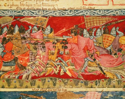 Fol.110r Taistelu kreikkalaisten ja troijalaisten välillä Codex Benito Santa Morasta tekijältä Spanish School