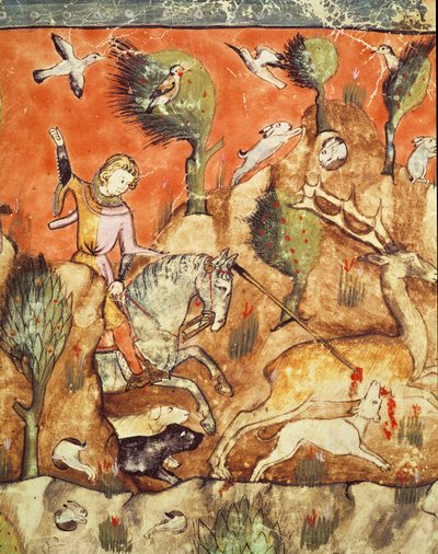 Fol.178v Metsästäjä jahtaamassa peuroa Codex Benito Santa Morasta tekijältä Spanish School