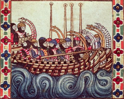 Fol.53r Veneen lähtö ristiretkelle, Galacian kielellä kirjoitettu Alfonso X:lle (1221-84) tekijältä Spanish School