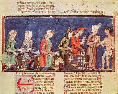 Fol.65v Nopankoneet, pelien kirjasta, shakki, nopat ja laudat, 1282 tekijältä Spanish School
