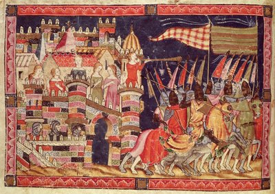 Fol.86v Troijalaiset lähtevät taisteluun, Codex Benito Santa Morasta tekijältä Spanish School