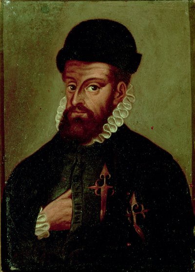 Francisco Pizarro (1478-1541) espanjalainen valloittaja (öljy paneelissa) tekijältä Spanish School
