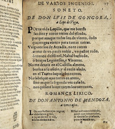 GOGOORA Y ARGOTE, Luis de (1561-1627). Kultaisen vuosisadan espanjalainen runoilija; VEGA CARPIO, Felix Lope de (1562-1635). Soneto a Lope de Vega" (Sonaatti Lope de Vegalle), runo, joka sisältyy "Poesias varias de grandes ingenios espanoles" -kokoelmaan,  tekijältä Spanish School