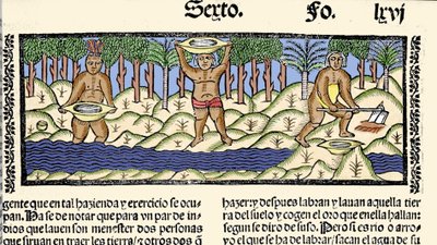 Kullan louhinta: alkuperäiskansat seulovat jokea kultaa etsiessään. Kaiverrus kirjasta "Intian, saarten ja valtameren mantereen yleinen historia" Gonzalo Fernandez de Oviedo (Gonzalo) tai Fernandez de, ou Hernandez de Oviedo y Valdes (1478-) tekijältä Spanish School