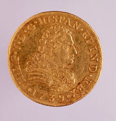 Kultainen kolikko (8 ecua) Espanjasta: Philip (Filippo tai Philippe) V:n hallituskausi (1700-1746). 1739 Halk. 3,6 cm Napoli, museo archeologico tekijältä Spanish School