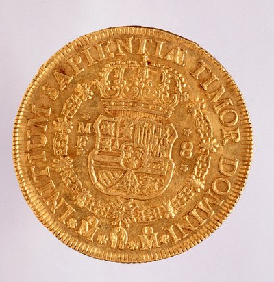 Kultainen kolikko (8 ecua) Espanjasta: Philip (Filippo tai Philippe) V:n hallituskausi (1700-1746). 1739 Halk. 3,6 cm Napoli, museo archeologico tekijältä Spanish School