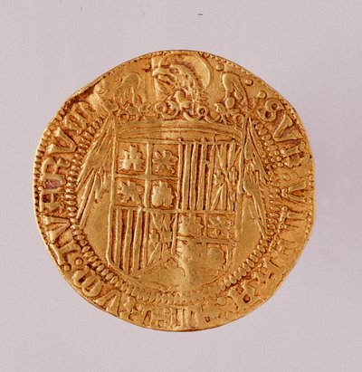 Kultainen kolikko Espanjasta: katolisten kuningas Ferdinandin ja Isabellan (Ferdinand II Aragonia ja Isabella I Kastilia) hallituskausi. 1474-1516 Halk. 2,7 cm Napoli, museo archeologico tekijältä Spanish School