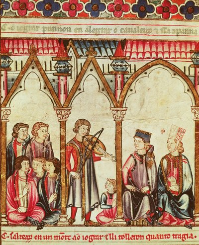 Trubaduuriryhmä, kuvitus Cantigas de Santa Mariasta, tehty Alfonso X:n (Viisas) Kastilian ja Leonin kuninkaan (1221-84) johdolla (katso myös 56625) tekijältä Spanish School
