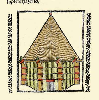 Elinympäristö: kuvaus Cabane des Indigenes Caraibesista. Kaiverrus kirjasta "Intian, saarten ja valtameren mantereen yleinen historia" Gonzalo Fernandez de Oviedo (Gonzalo) tai Fernandez de, ou Hernandez de Oviedo y Valdes (1478-1557) tekijältä Spanish School