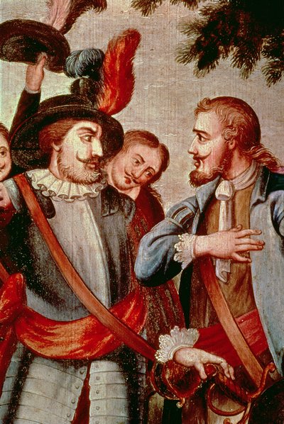 Hernando Cortes (1485-1547) ja Diego di Velasquez (1465-1524) (öljy kankaalle) (yksityiskohta) (katso 113574) tekijältä Spanish School