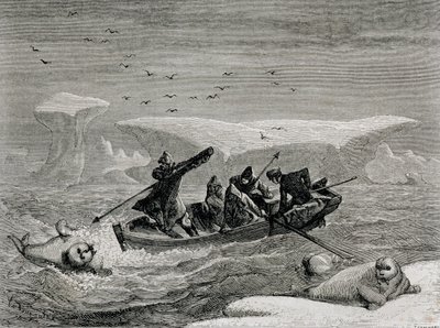 Metsästys mursua harppuuneilla Huippuvuorten saarilla, Huippuvuorten saaristossa, kuvitus teoksesta "Palu maailmaan", 1865 tekijältä Spanish School