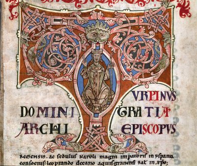 Alkukirjain T, jossa Charlemagne, kuvitus Codex Calixtinuksesta, n. 1140 tekijältä Spanish School