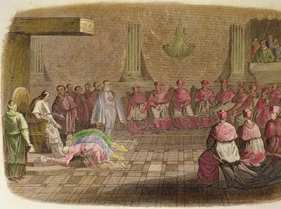 Japanin suurlähettiläät kumartuivat paavi Gregorius XIII jalkojen juureen vuonna 1585 tekijältä Spanish School