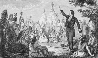 Joseph Smith, mormonikirkon perustaja, saarnaa intiaaneille, "La Vuelta al Mundo" -kirjasta, julkaistu Madridissa, 1865 (kaiverrus) tekijältä Spanish School